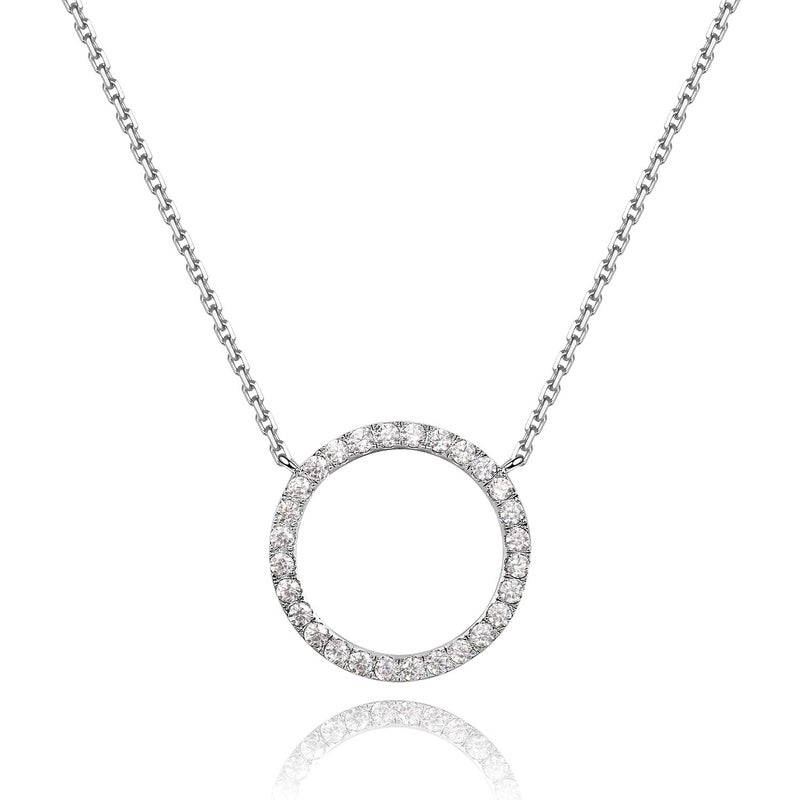 espere Rhodium Plated Paved Circle Pendant Sterling Silver Necklace for Women - Image 1